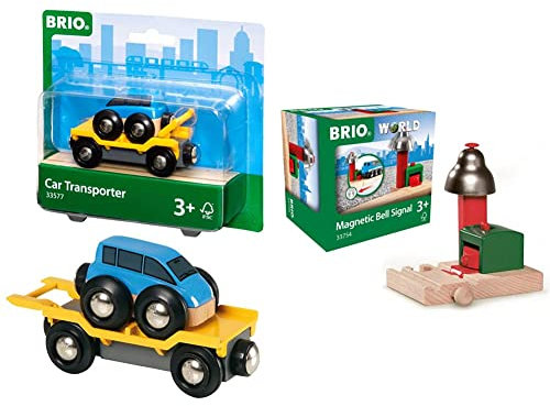 BRIO 33577 - Autotransporter mit Rampe & World 33754 Magnetisches Glockensignal - Eisenbahnzubehör Holzeisenbahn - Kleinkinderspielzeug empfohlen für Kinder ab 3 Jahren