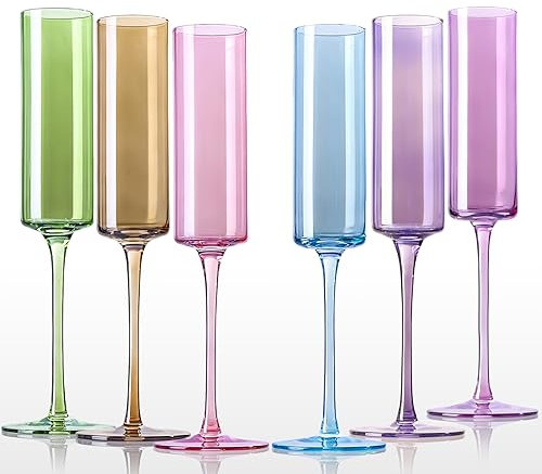 comfit Champagne flutes -Square champagne flutes with multi color Modern Colored Champagne Glasses Set of 6, Lead-free Premium Crystal, Gifts for Weddings,Birthday and Engagement, 6.5 oz