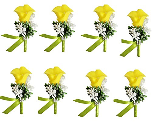 Egurs Ansteckblume Bräutigam Braut Handgefertigte PU Calla-Lilien Hochzeit Boutonniere Corsage Wedding Künstliche Blumen Anstecker Hochzeitsbrosche Ansteckblumen Hochzeit Zubehör Gelb 8 Stück