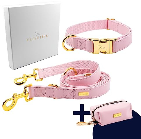 VELVETIER Halsband Set Rose (Rosa), Leine, Beutelspender, M/L 39-59 cm | Goldene Beschläge, veganes Leder, für mittlere und große Hunde, Border Collie, Dalmatiner