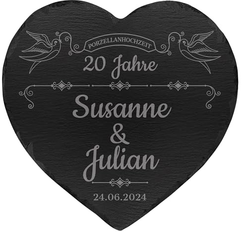 mtb more energy Personalisierbare Schiefertafel Herz ''20 Jahre Porzellanhochzeit'' - individuell anpassbar - 20x20 cm - Laser Gravur auf Schieferherz - Hochzeit Geschenk