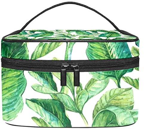 Tragbare Make-up-Tasche, Reise-Kosmetiktaschen für Damen, Reißverschluss-Tasche, Organizer, romantische Urlaubsinsel, hawaiianische Bananenbäume, Aquarellbild, Mehrfarbig, 22.5x15x13.8cm/8.9x5.9x5.4in