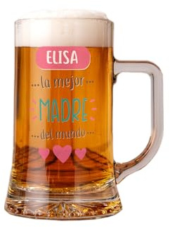 Made in Gift Jarra de Cerveza de Vidrio 50 Centilitros con Asa “Mejor Madre del Mundo” Personalizada con Impresión a Color de Nombre y Corazones Rosas como Regalo Original para el Día de la Madre