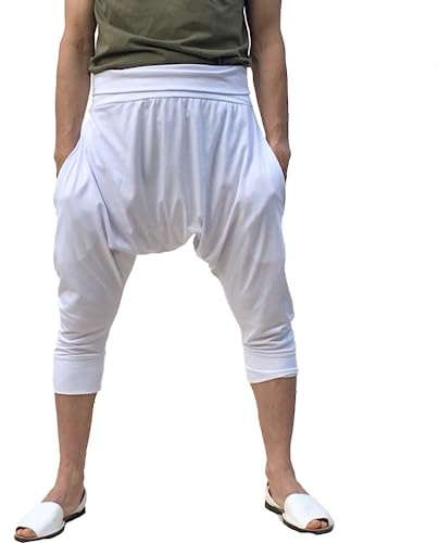 SAVARI | Pantalones Cortos Harem | Bombacho | De Algodón Reciclado | Estilo Pirata | Veraniego | Cintura Ancha Elástica | con Bolsillos | Blanco | XL