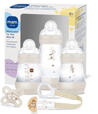 MAM Easy Start Anti-Colic Welcome, set di accessori per bambini con 3 bottiglie anti-coliche, ciuccio e nastro ciuccio, set regalo per bambini, dalla nascita, beige