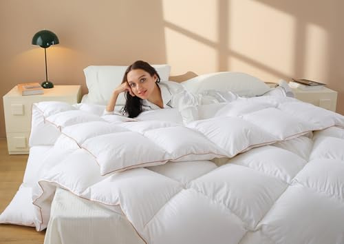 WhatsBedding Fluffig vit gåsfjäder duntäcke överdimensionerad kung alla årstider 100 % bomull duntäcke infoga lyxig hotellsamling, 4 hörnflikar, 120 x 98 tum