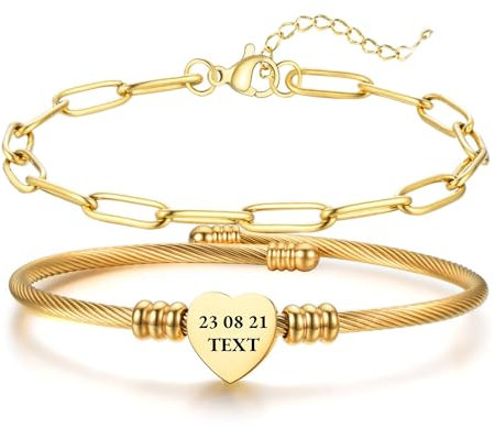 JJDreams Edelstahl Armreif Gold Damen Edelstahl Armkette Herz Offener Armspange mit Gravur Geschenk für Damen