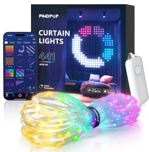 Findpop AI Smart Curtain Lights, 441 LEDs Indoor Color Changing Lights, Music Sync Dynamic DIY, for Valentine's Party Decor, Holiday, Wedding Backdrop, Kids Bedroom, LivingRoom, Waterproof, 5.5x5.6FT