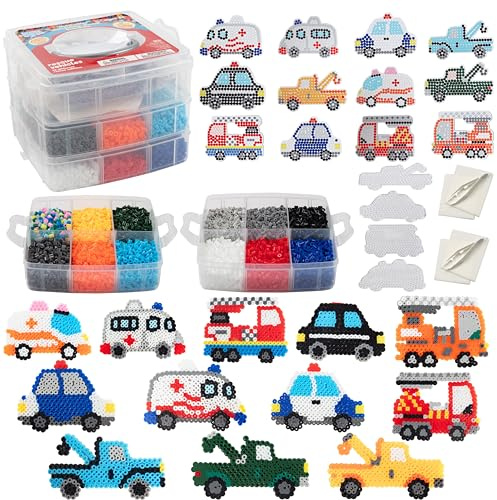 Fuse Beads 8,000pc Rescue Vehicles w Carrier CASE-18 Colors, 12 Unique Templates, 3 Peg Boards, 2 Tweezers, Melt Iron Paper- Car Truck Bulk Art Craft Project, Kids Birthday Party Gift, School Activity