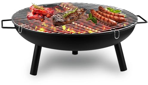 Crystals 23 Large Round Steel Fire Pit Garden Patio Camping Heater Burner Bowl BBQ Gril - Matt Black (With BBQ Grill)