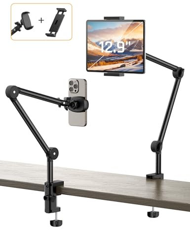 Jumkeet Support Tablette pour Lit, Support de Téléphone Réglable Rotatif à 360° avec Bras Stable, Tablet Stand avec 2 Clips pour iPhone Samsung HTC Sony Smartphone Series/iPad/Nintendo Switch/Kindle