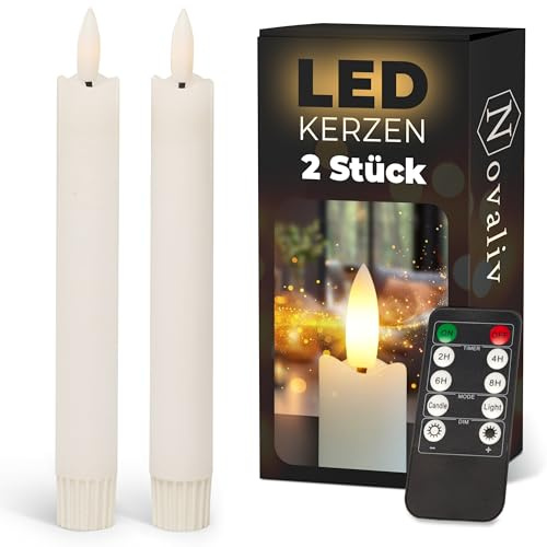 Novaliv Stabkerzen LED mit Timer WEISS 2er indoor mit 6 Stunden Timer - ECHTWACHS 18cm Höhe für Kerzen 2,2cm Durchmesser 2 AAA Batterien notwendig LED Stabkerzen flackernde Flamme bewegliche Flamme