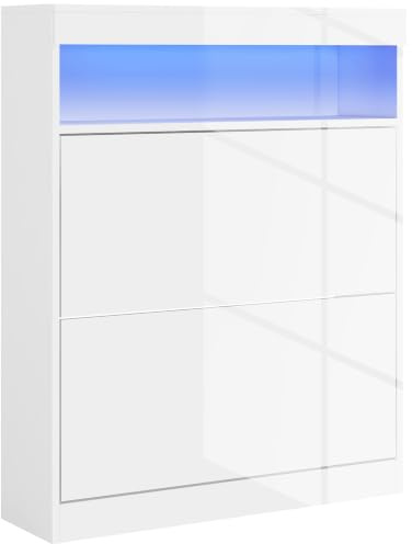 HOMCOM Mueble Zapatero de Recibidor con LED Blanco Brillo 80x24x99,5 cm | Armario Zapatero Independiente o Pared, Estante Abierto, 2 Cajones Abatibles, para 12-16 Pares de Zapatos