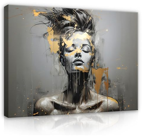 WallArena Leinwand Bilder 120x80 cm | Abstrakt Frau Gold Grau, Leinwandbilder, Bild auf leinwand, Format: 120x80 cm (BxH) - einteilig auf Canvas Leinwand
