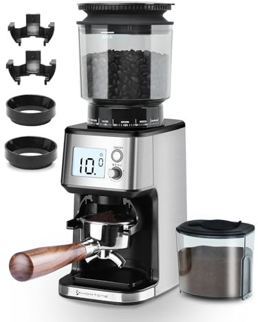 Homtone Molinillo de Café Eléctrico con Muela Cónica - Molino de Café con 51 Niveles de Molienda, Soporte Extraíble, Recipiente Incluido – Para Espresso, Café de Filtro, Cold Brew (Acciaio Inox)