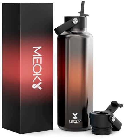 Meoky Edelstahl Trinkflasche mit Strohhalm für Männer: Thermosflasche 700 ml - BPA-freie Thermo Trinkflasche für Heim Büro Sport - Freund Ehemann Papa, Bernstein