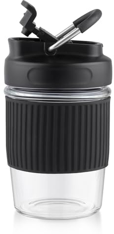 Sivaphe Reusable Glass Coffee Cup | 12oz/350ml Leakproof Travel Mug with Portable Metal Handle,Black | Borosilicate Glass,Eco-Friendly,BPA-Free|Camping,Gifts,Car Mug,School