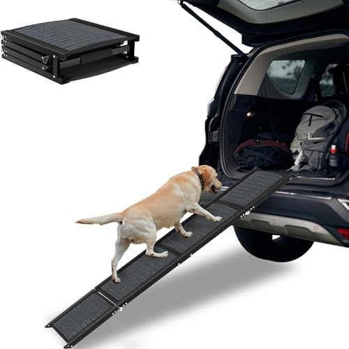 Aufun 157 x 44 cm bil hundramp vikbar, hundtrappa bil med halkfri matta yta, bärbara hundramper för bilar, lastbilar och stadsjeepar, stabil ramp hund för stora och medelstora hundar upp till 110 kg