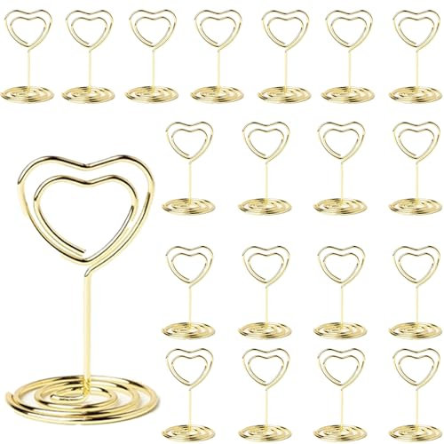 20 PCS Photo Holders for Tables, Table Number Holders, Wedding Table Decoration, Photo Holder, Heart Shaped Table Sign Picture Photo Holder Menu Memo Clips for Valentine's Day Table Decor (Gold)