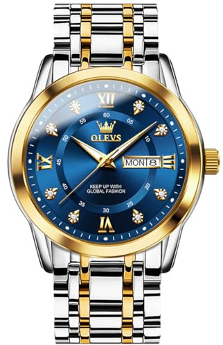 OLEVS Relojes de Hombre Clásico Diamante Acero Inoxidable Impermeable Esfera Azul Luminoso Reloj de Cuarzo para Hombre Números Romanos Día Fecha Reloj Analógico de Correa de Oro Plata