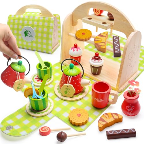 VBACALA Juego de Té de Cocina para Niños,Accesorios de Cocina de Madera paraNiños,23 Piezas de Accesorios con Estuche de Madera,Juguete de Té de Tarde para niños Niñas 3 4 5 Años (Verde)