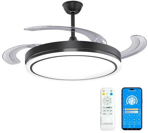 Casa Shop Ventilador de Techo LED 66W, 30W Motor DC+36W LED con Control Remoto+App, 4 Aspas Retráctiles, 2880lm,Ultra Silencioso aspas Retráctiles función verano-invierno (Negro)