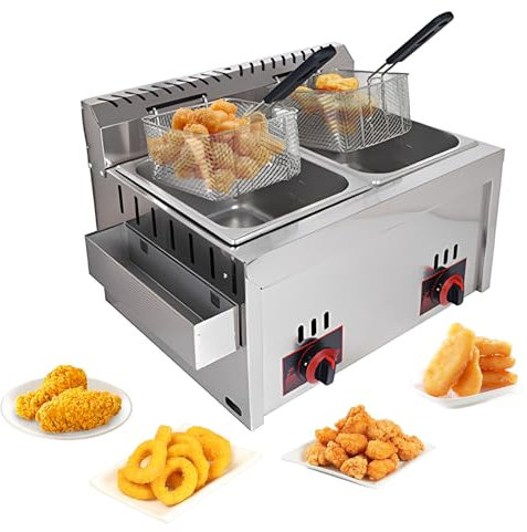 Freidora comercial de encimera de 10 L + 10 L, freidora de gas con cesta y tapa para cocinar pollo y patatas fritas, ideal para restaurantes y cocinas domésticas