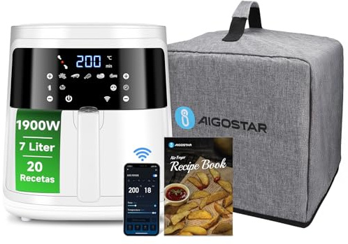 Aigostar Freidora de aire XXL con Cubierta Antipolvo, 7L air fryer, 1900W y Cuenta con función de mantener caliente, Libro de recetas incluido, panel LED táctil, Doble uso: con cesta o cajón, sin BPA