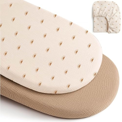 2pcs Spannbettlaken Kinderwagen, 81 x 43cm Baumwolle Kinderwagen Matratzenbezug, Spannbettlaken in Hellbraun und Sonnenmuster für Neugeborenes Beistellbett Stubenwagen Atmungsaktives Baby Bettlaken