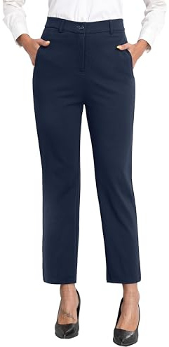 GRECERELLE Womens Work Trousers Office Smart Stretchy High Elasticated Waist Straight Leg Casual Yoga Pants for Women UK with Pockets Zipper