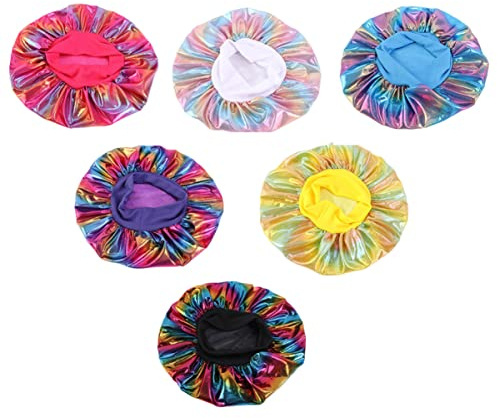 Happyyami Satin Schlafhaube für Damen 6 Stück Breite Krempe Elastisches Band Haarschutz für Nacht und Gesichtspflege