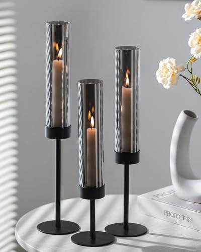 Romadedi Kerzenhalter Stabkerze mit Rauchglas for Tisch, Schwarz, 3er Set