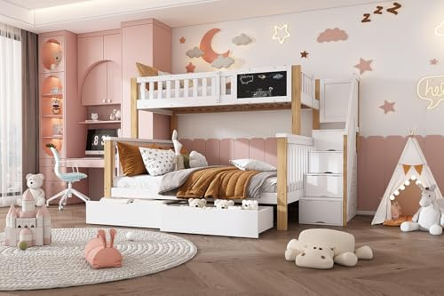 IHO SOFA Etagenbett Kinderbett 90x200 & 140x200 cm für 2-3 Kinder, Hochbett mit Treppe und 2 Stauraum Schubladen, Bett mit Rausfallschutz und Graffiti-Brett, Weiß, Ohne Matratze