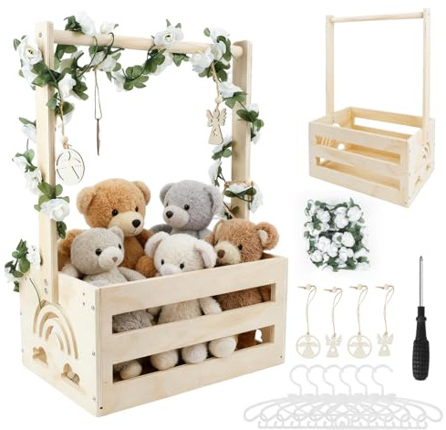 Cesta de Madera para Bebé con Asa, Regalo para Baby Shower Recién Nacido Niño Niña, Práctico Armario para Bebé, Cesta Personalizada con Perchas, Hojas Decorativas y Colgantes de Madera