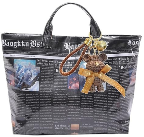 Generisch Tragetasche mit Zeitungsmuster aus PVC mit Anhänger aus Kraftpapier, großes Fassungsvermögen, Retro-Henkeltasche und trendige Schultertasche for Büro, U-Bahn und Reisen(Black)