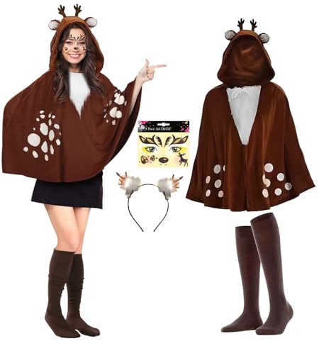 YeahBoom Rentier Karneval Damenkostüm, Reh Bambi Cape mit Kapuze, Rentier Geweih Haarreif, Glitter Gesichtstattoo, Reh Kostüm Damen, Geeignet für Weihnachts Faschings Cosplay Mottoparty