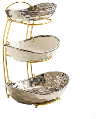 Kiss Me 3 Tier Fruit Bowl Ceramic Stand with Metal Stand for Kitchen | 3 Tier Fruit Basket For Fruit, Snack, Nuts, Cake, Dessert, Party, Wedding Storage Holder