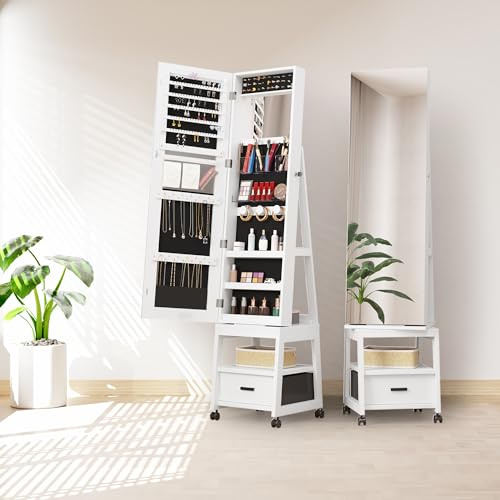 Niwugady Schmuckschrank mit Beweglicher Ganzkörperspiegel, 360° Drehbarer Schmuck Spiegelschrank abschließbar, mit Schlüsseln, Stehendstehender Schmuck-Organizer mit 1 Schublade, Weiß
