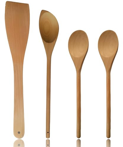 4 Pcs Wooden Spoons for Cooking Utensils Set, Kitchen Utensils Set with Long Handled Spoon Frying Shovel, Wooden Spatula for Cooking Suitable for Kitchen Stir Frying