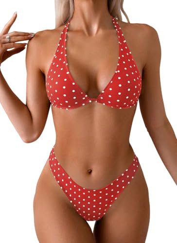 Bikinis Mujer Push Up Cuello en V Traje de Baño de Dos Piezas Bikini Mujer Conjunto de Bikini Halter Triángulo Bikini Top y Braga de Bikini con Ajustable Cordón de Cintura Alta Sólido