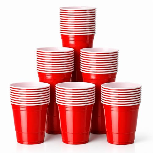 HaushaltO Red Cups 50 st extra starka, 473 ml ölpongkoppar, återanvändbara festmuggar, röda plastmuggar för ölpong, fester, festivaler, svensexa, svensexa, camping
