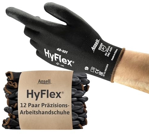 Ansell HyFlex 48-101 Guanti da Lavoro Sottili, Fodera Elastica con Rivestimento in Poliuretano, Protezione Professionale per Usi Generali e Manipolazioni Delicate, Nero, Taglia L (12 Paia)