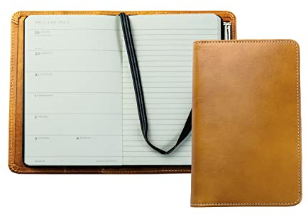 DELMON VARONE - Personalisierbarer Taschenkalender 2027 Anilin Leder braun - Organizer Wochenplaner (1 Woche 1 Seite) - Buch-Kalender Ledereinband - Notizbuch Kalenderbuch mit Stiftschlaufe