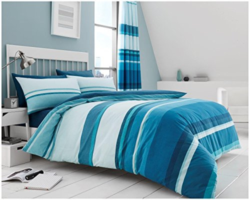 GC GAVENO CAVAILIA Reversible Duvet Cover Set Teal, Striped Bedding King Size, Easy Care Polycotton Quilt Covers