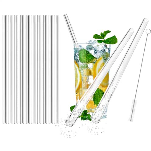 com-four® 10x Glasstrohalme spülmaschinenfest und wiederverwendbar | Glas Strohhalme für Cocktails - Trinkhalme Glas mit Reinigungsbürste - Glastrinkhalm umweltfreundlich - 23 cm