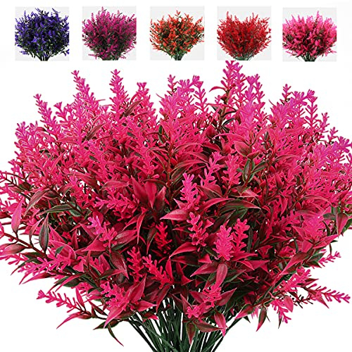 RECUTMS Artificial Plants Outdoor UV Resistant Shrubs Plant Faux Greenery | 8Pcs Artificial Boxwood Plants Fake Flowers Arrangement Fake Lavender for Home Garden Indoor Outdoor Spring Decor
