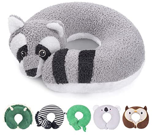 H HOMEWINS Travel Pillow for Kids,Cute Animal Neck Pillow for Boys Girls,Soft Neck Head Chin Support Pillow,Travel Accessories for Airplane, Car, Train,Recline(Raccoon)