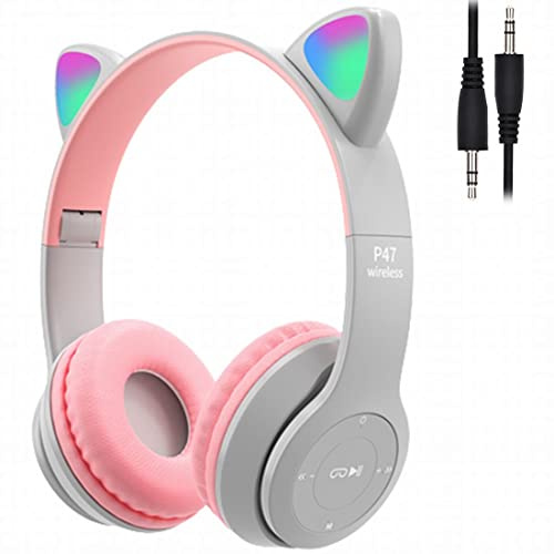 arVin Auriculares inalámbricos para niños, Bluetooth para niños, auriculares sobre la oreja con micrófono, oreja de gato, luz LED, plegables, para niñas y niños, regalo a partir de 7 años (gris)