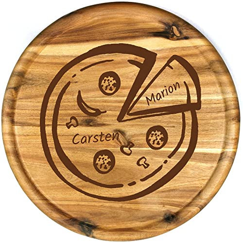 Sterngraf Pizzateller mit Gravur (Namen) personalisiertes Holz Pizzabrett 32cm Akazienholz - Geschenkidee zum Geburtstag, Geschenke Jahrestag Jubiläum, MotivP5 Pärchenpizza