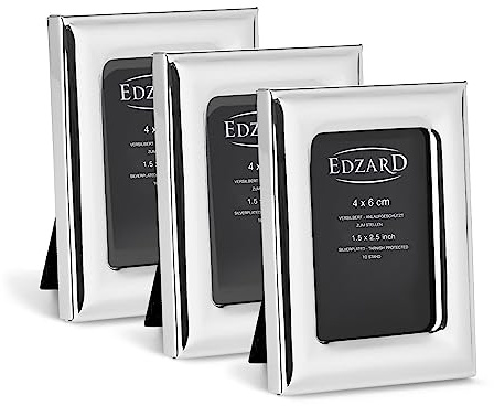 EDZARD Mini-Bilderrahmen Adria 3er-Set (4x6 cm) versilbert anlaufgeschützt | Silberrahmen für Fotos 4x6 cm, Samtrücken, zum Stellen, Fotorahmen, Portraitrahmen, Geschenk Hochzeit
